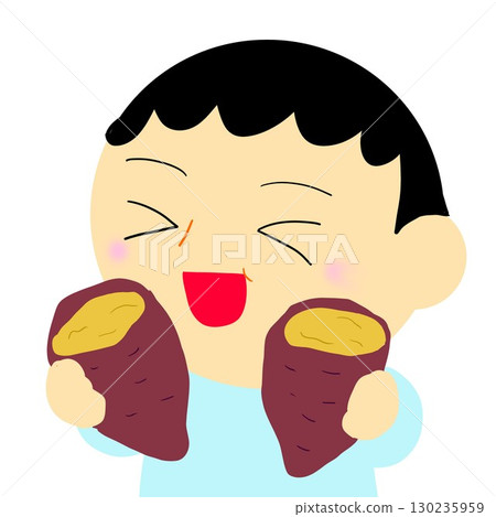 A child eating a steaming hot roasted sweet potato 130235959