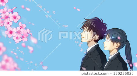 Cherry blossoms and petals, anime-style illustration of male and female students or working adults, white space on the left Cherry blossoms and petals, anime-style illustration of male and female students or working adults, white space on the left 130236023