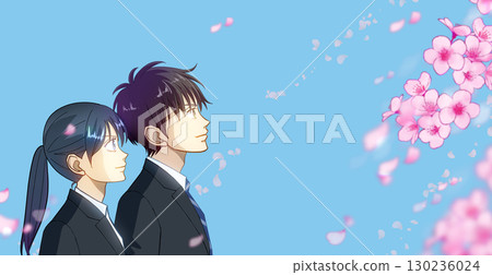 Cherry blossoms and petals, anime-style illustration of male and female students or working adults, white space on the right 130236024