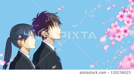 Cherry blossoms and petals, anime-style illustration of male and female students or working adults, white space on the right Cherry blossoms and petals, anime-style illustration of male and female students or working adults, white space on the right 130236025