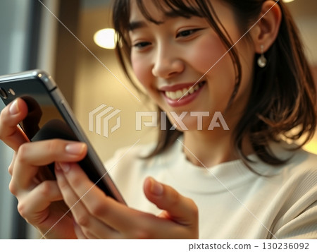 A woman enjoying a smartphone 130236092