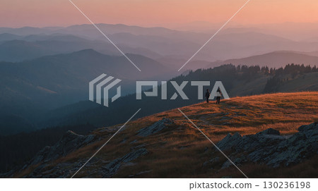 Hike through the beautiful mountains at sunset 130236198