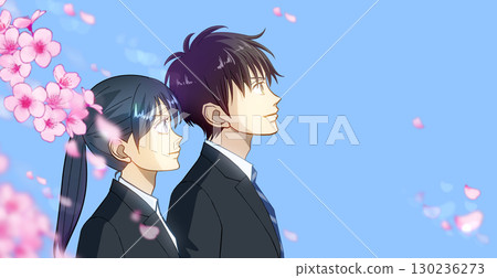 Cherry blossoms and petals, anime-style illustration of male and female students or working adults, white space on the right 130236273