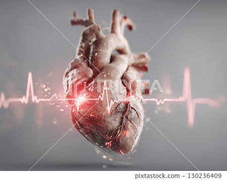 Close-up of a glowing electrocardiogram and heart 130236409