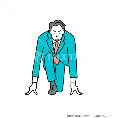 圖庫插圖: 一位商人以嚴肅的表情採取起始姿勢的向量圖 圖庫插圖: 一位商人以嚴肅的表情採取起始姿勢的向量圖 130236708