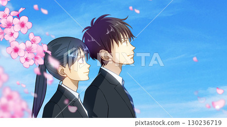 櫻花和花瓣，男女學生或上班族的動漫風格插圖，右側留白 130236719