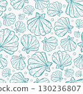 Hand drawn nautical pattern in turquoise on dark background. Shells, pearls in a repeating seamless pattern with sea life. 130236807