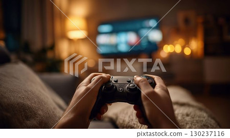 Hands holding the controller and a moment of concentration 130237116