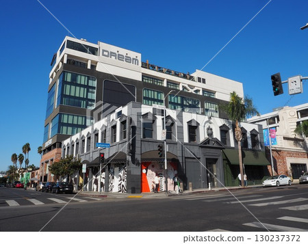 The Hollywood Boulevard streetscape against the blue sky 130237372