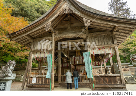 Worshippers visiting the main hall of Oyada Shrine in autumn in Mino City, Gifu Prefecture 130237411
