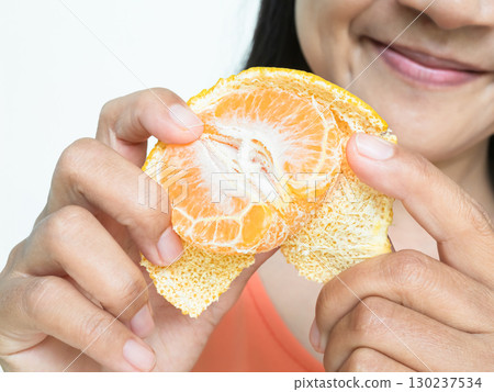 Woman Eat Orange Fruit Tropical Food, Girl Beauty Holding Citrus Fresh, Healthy Care Organic Hight Fiber Vitamin C, Lifestyle Diet Nutrition Vegan Snack Vegetarian, Authentic Skin Tan Asian People. Woman Eat Orange Fruit Tropical Food, Girl Beauty Holding Citrus Fresh, Healthy Care Organic Hight Fiber Vitamin C, Lifestyle Diet Nutrition Vegan Snack Vegetarian, Authentic Skin Tan Asian People. 130237534