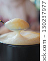 Delicious creamy foam topping on a cup of coffee 130237977