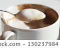 Delicious creamy coffee served in a white mug 130237984