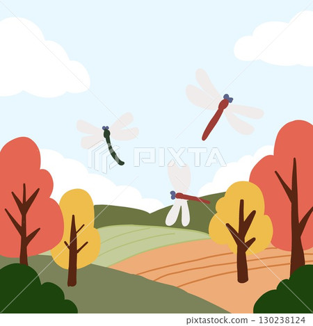 A country road with red dragonflies flying A country road with red dragonflies flying 130238124