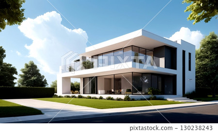 Illustration of a detached house, perspective view of the exterior of the house 130238243