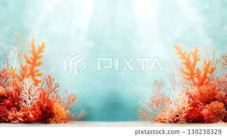 Vibrant Underwater Scene with Colorful Corals and Sunlight Splashes in Blue Water 130238329