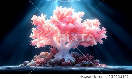 Vibrant Coral Reef with Illuminated Coral Structure in Underwater Scene 130238332