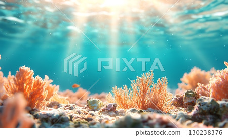 Beautiful Coral Reef Underwater Scene with Sunlight Rays and Vibrant Marine Life Beautiful Coral Reef Underwater Scene with Sunlight Rays and Vibrant Marine Life 130238376
