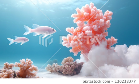 Underwater Scene with Colorful Coral and Two Swimming Fish in a Vibrant Ocean Environment Underwater Scene with Colorful Coral and Two Swimming Fish in a Vibrant Ocean Environment 130238377