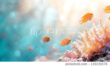 Vibrant Orange Fish Swimming Among Colorful Coral Reef Under Bright Sunlight Vibrant Orange Fish Swimming Among Colorful Coral Reef Under Bright Sunlight 130238378