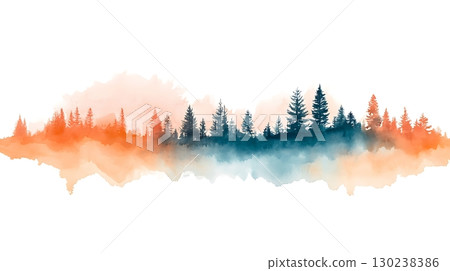 Watercolor Landscape with Silhouette of Pine Trees and Soft Color Wash in Background 130238386