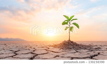 Hopeful green sapling growing on barren cracked earth at sunrise in a dry landscape 130238390