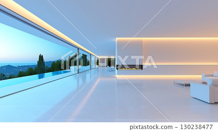 Modern Minimalist Interior with Panoramic View and Elegant Lighting in Bright Space 130238477