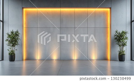 Modern Minimalist Interior with Concrete Wall and Soft Orange Ambient Lighting Modern Minimalist Interior with Concrete Wall and Soft Orange Ambient Lighting 130238499