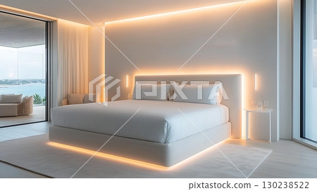 Modern Minimalist Bedroom with Soft Lighting and Scenic View of the Outdoors 130238522