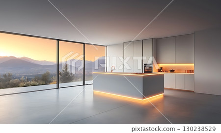 Modern minimalist kitchen design with panoramic views of mountains during sunset 130238529