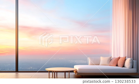 Elegant modern living room with panoramic view of sunset glowing sky and serene ambiance 130238533