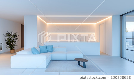 Modern minimalist living room with white furniture and soft lighting in contemporary design 130238638