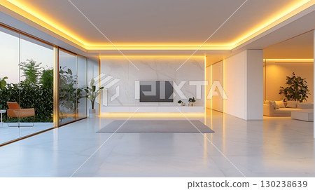 Modern Minimalist Living Room with Elegant Lighting and Large Windows Overlooking Garden 130238639