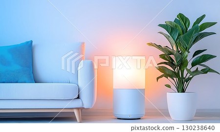 Modern Living Room with Stylish Couch, Decorative Plant, and Unique Light Fixture 130238640
