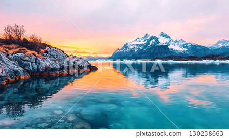 Serene Mountain Landscape at Sunrise with Reflections in Calm Water and Colorful Sky 130238663