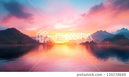 Serene Sunset Over Calm Lake with Vibrant Colors and Majestic Mountain Silhouette 130238688