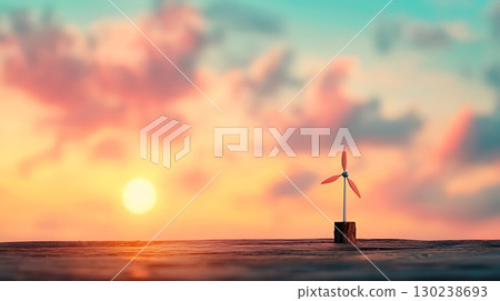 Tranquil Sunset with a Single Wind Turbine on a Calm Horizon with Colorful Clouds 130238693