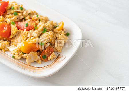 stir-fried tomatoes with egg on plate stir-fried tomatoes with egg on plate 130238771