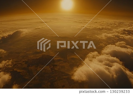Golden Sunset Over Earth: Aerial View of Cloud-Covered Landscape Golden Sunset Over Earth: Aerial View of Cloud-Covered Landscape 130239233