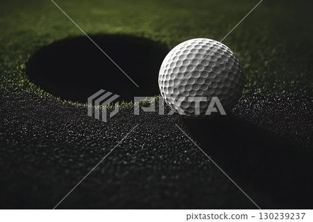 Golf ball poised near the hole on a dark green putting surface 130239237
