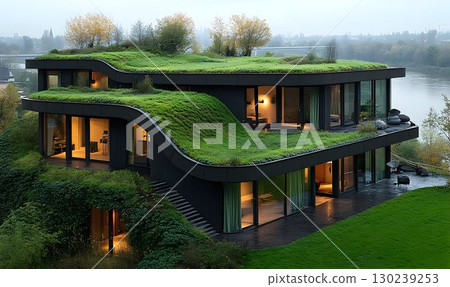 Modern Eco-Friendly House with Green Roof and River View on an O Modern Eco-Friendly House with Green Roof and River View on an O 130239253
