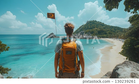 Tranquil Beach Vista with Traveler and Sunny Sky 130239261