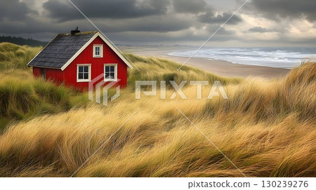 Red Cottage Nestled in Golden Dunes Overlooking a Moody Beach La 130239276