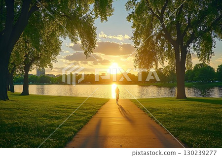 Cyclist Silhouetted Against Sunset Over Lake Cyclist Silhouetted Against Sunset Over Lake 130239277