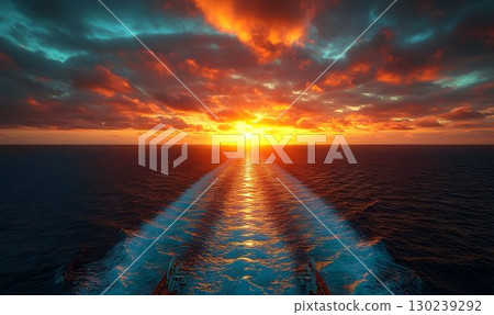 Majestic Sunset Over the Ocean's Horizon with a Ship's Wake 130239292