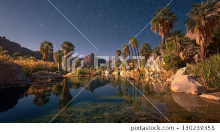 Desert oasis night stars palm tree calm water reflection mountain serene landscape 130239358