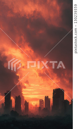 Destroyed city skyline, sunset, smoke, dramatic sky, silhouette, apocalyptic mood Destroyed city skyline, sunset, smoke, dramatic sky, silhouette, apocalyptic mood 130239359