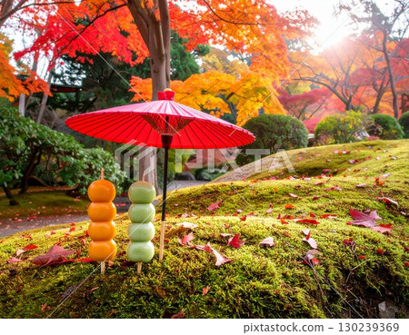 秋日陽光照耀下的苔蘚花園裡，兩串餃子和一把紅傘 130239369
