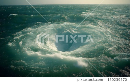 Oceanic Vortex: A Whirlpool's Turbulent Embrace in Deep Teal Wat 130239370
