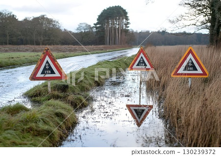Submerged Road Signs Reflect in Floodwater, Rural Landscape, War 130239372